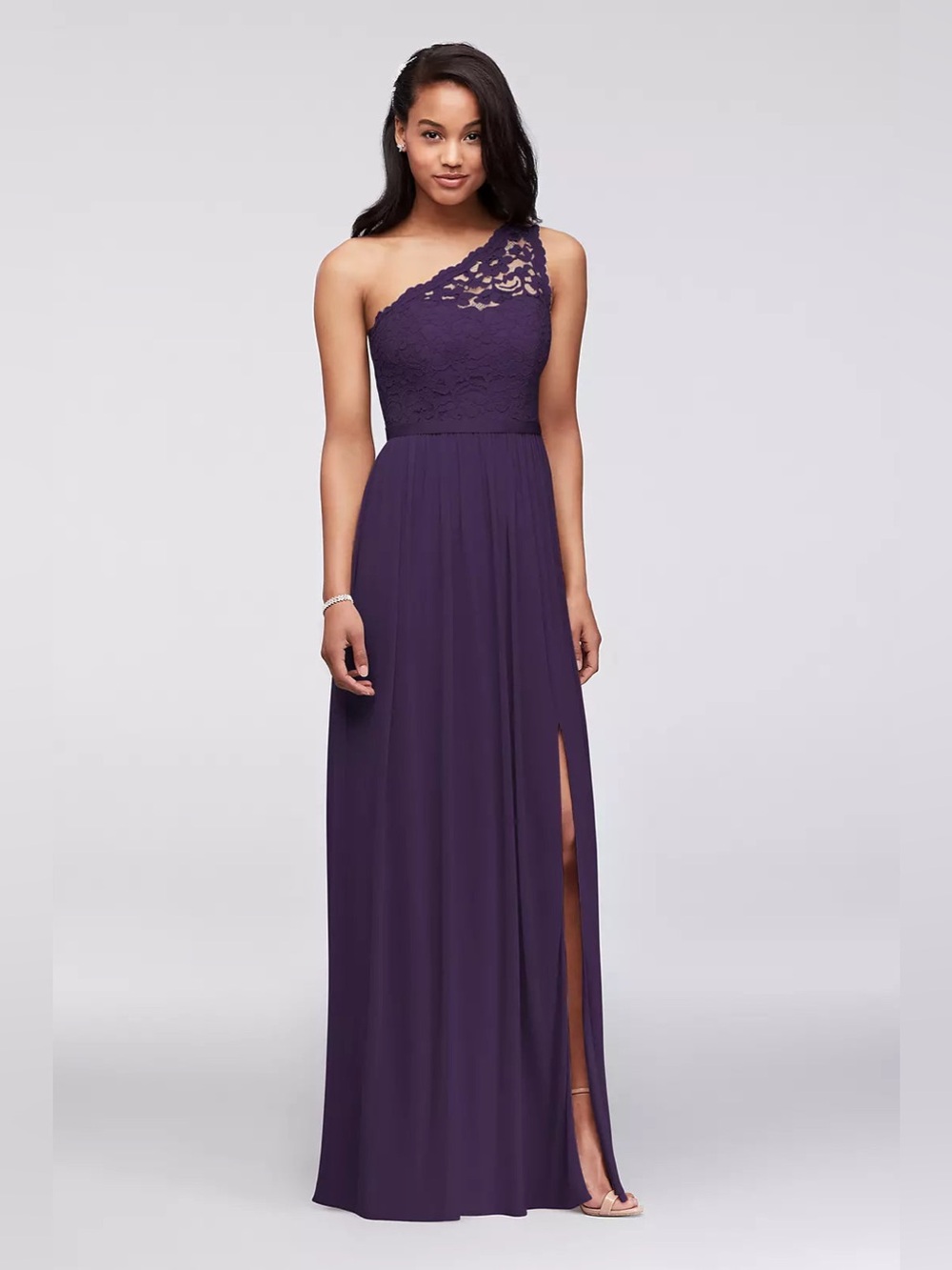 David's Bridal One-Shoulder Lace Bodice Maxi Dress - Plum formal bridesmaid gala